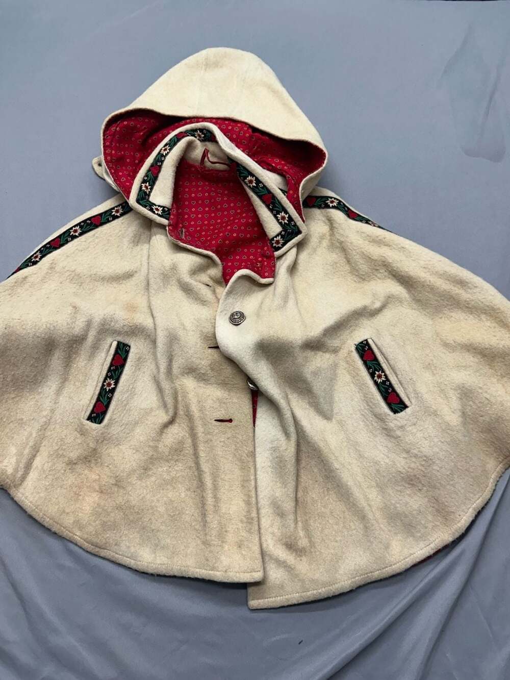 Golimbeck Vintage German Wool Hooded Cape Coat Off-White Red Floral Lining